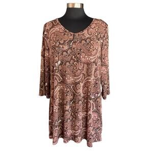 Susan Graver Brown Paisley Print Tunic Shift Dress Womens MED Workwear Casual